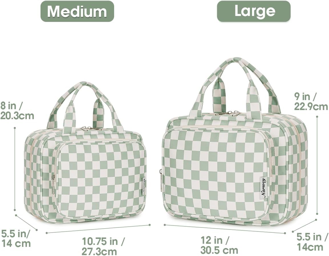 Hanging Toiletry Bag for Women Travel Checkered Makeup Bag Organizer Toiletries Bag for Travel Size Essentials, Accessories, Brushes, Cosmetics (Green Checkerboard (Medium))