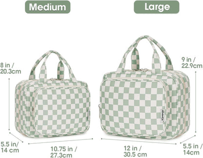 Hanging Toiletry Bag for Women Travel Checkered Makeup Bag Organizer Toiletries Bag for Travel Size Essentials, Accessories, Brushes, Cosmetics (Green Checkerboard (Medium))
