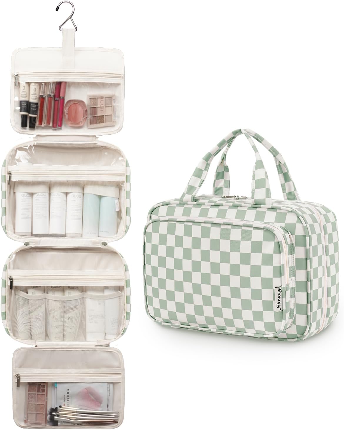 Hanging Toiletry Bag for Women Travel Checkered Makeup Bag Organizer Toiletries Bag for Travel Size Essentials, Accessories, Brushes, Cosmetics (Green Checkerboard (Medium))