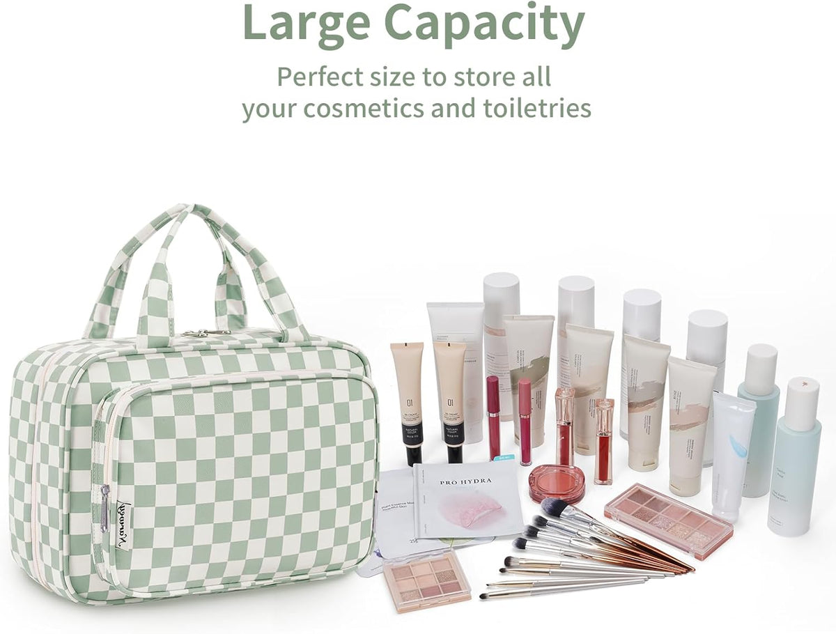 Hanging Toiletry Bag for Women Travel Checkered Makeup Bag Organizer Toiletries Bag for Travel Size Essentials, Accessories, Brushes, Cosmetics (Green Checkerboard (Medium))