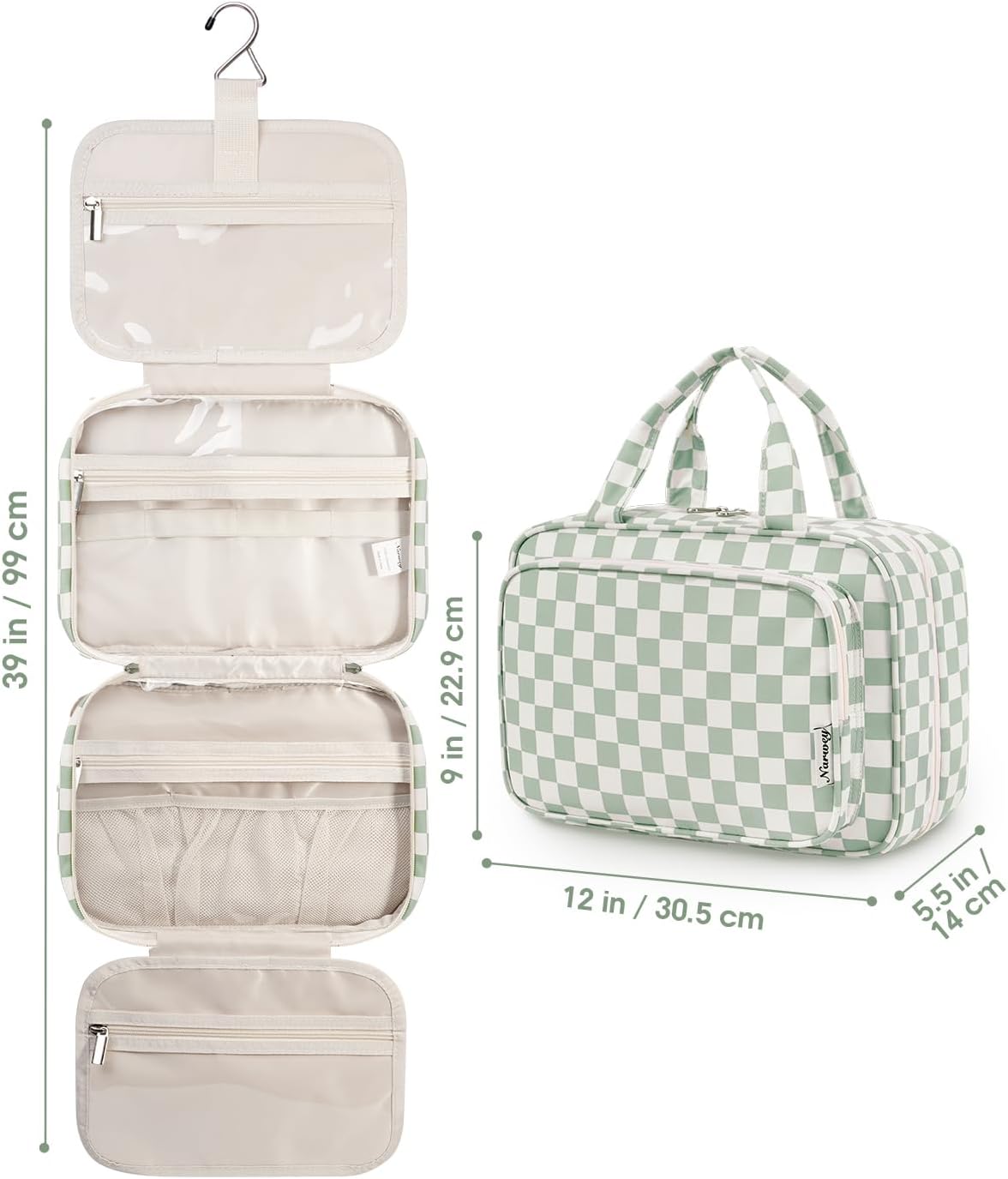 Hanging Toiletry Bag for Women Travel Checkered Makeup Bag Organizer Toiletries Bag for Travel Size Essentials, Accessories, Brushes, Cosmetics (Green Checkerboard (Medium))