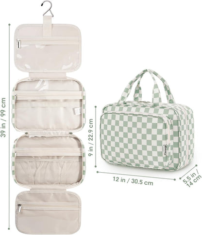 Hanging Toiletry Bag for Women Travel Checkered Makeup Bag Organizer Toiletries Bag for Travel Size Essentials, Accessories, Brushes, Cosmetics (Green Checkerboard (Medium))