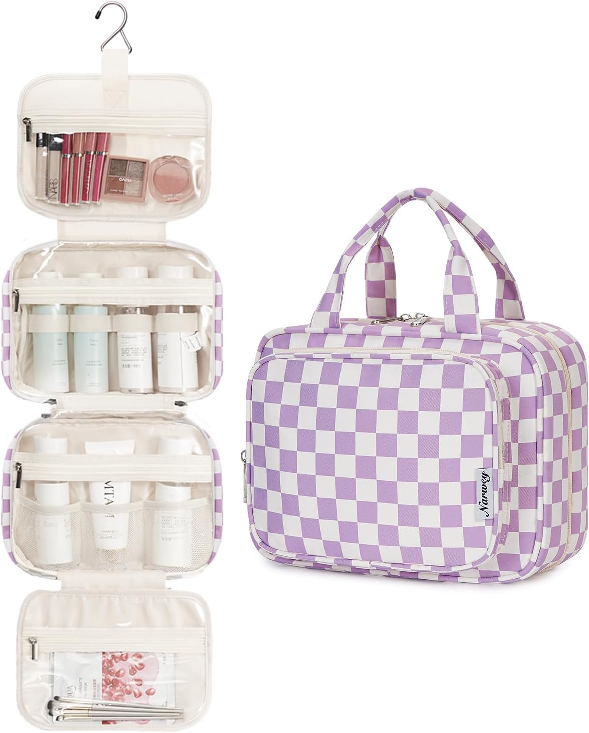 Hanging Toiletry Bag for Women Travel Checkered Makeup Bag Organizer Toiletries Bag for Travel Size Essentials, Accessories, Brushes, Cosmetics (Green Checkerboard (Medium))
