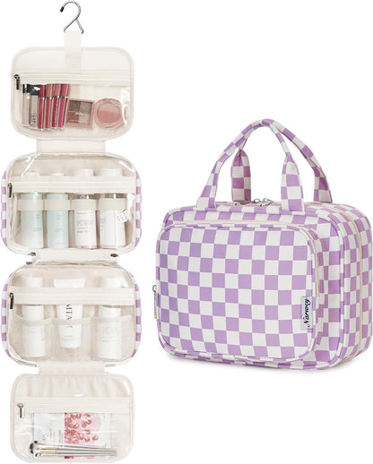 Hanging Toiletry Bag for Women Travel Checkered Makeup Bag Organizer Toiletries Bag for Travel Size Essentials, Accessories, Brushes, Cosmetics (Green Checkerboard (Medium))