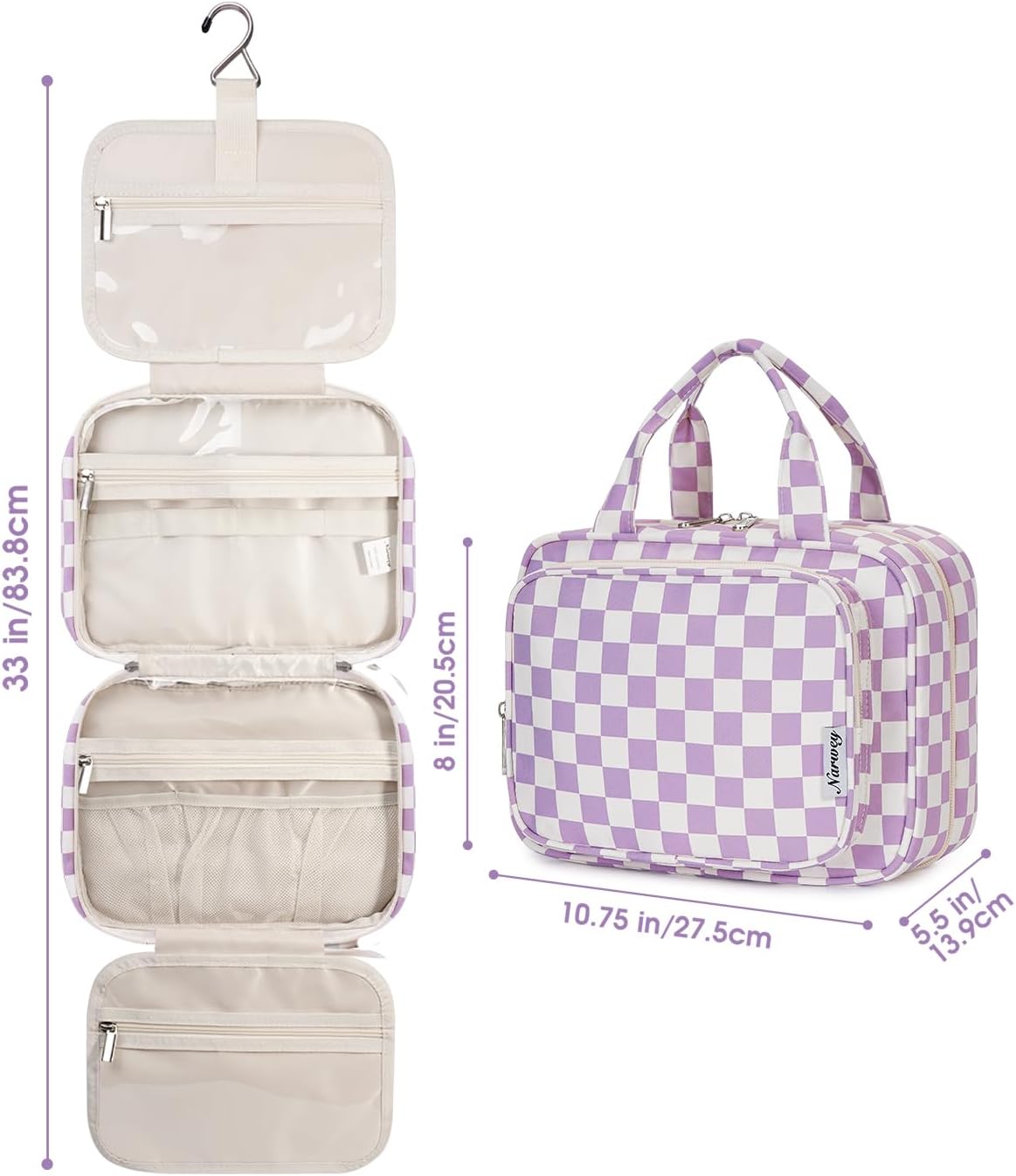 Hanging Toiletry Bag for Women Travel Checkered Makeup Bag Organizer Toiletries Bag for Travel Size Essentials, Accessories, Brushes, Cosmetics (Green Checkerboard (Medium))