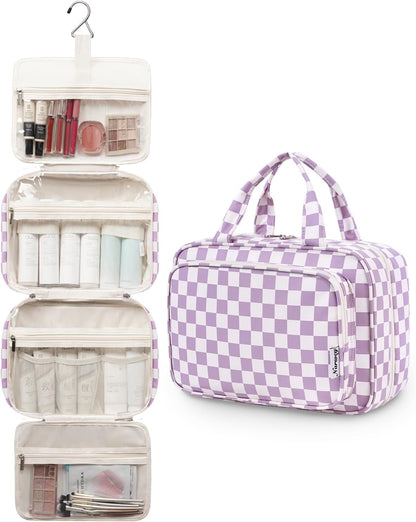 Hanging Toiletry Bag for Women Travel Checkered Makeup Bag Organizer Toiletries Bag for Travel Size Essentials, Accessories, Brushes, Cosmetics (Green Checkerboard (Medium))