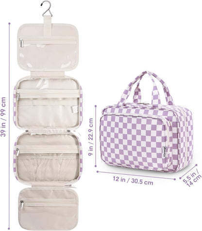 Hanging Toiletry Bag for Women Travel Checkered Makeup Bag Organizer Toiletries Bag for Travel Size Essentials, Accessories, Brushes, Cosmetics (Green Checkerboard (Medium))