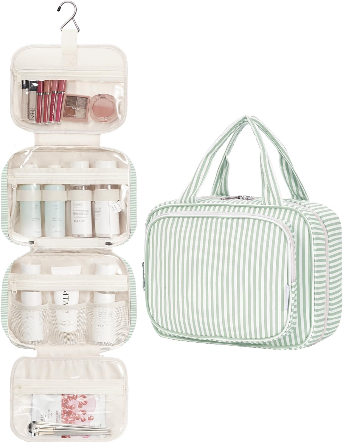 Hanging Toiletry Bag for Women Travel Checkered Makeup Bag Organizer Toiletries Bag for Travel Size Essentials, Accessories, Brushes, Cosmetics (Green Checkerboard (Medium))