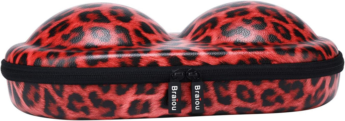 Premium Bra Case Lingerie Travel Bag Zip Underwear Organizer Bag for A-DD Cup [Leopard Print] (Red)