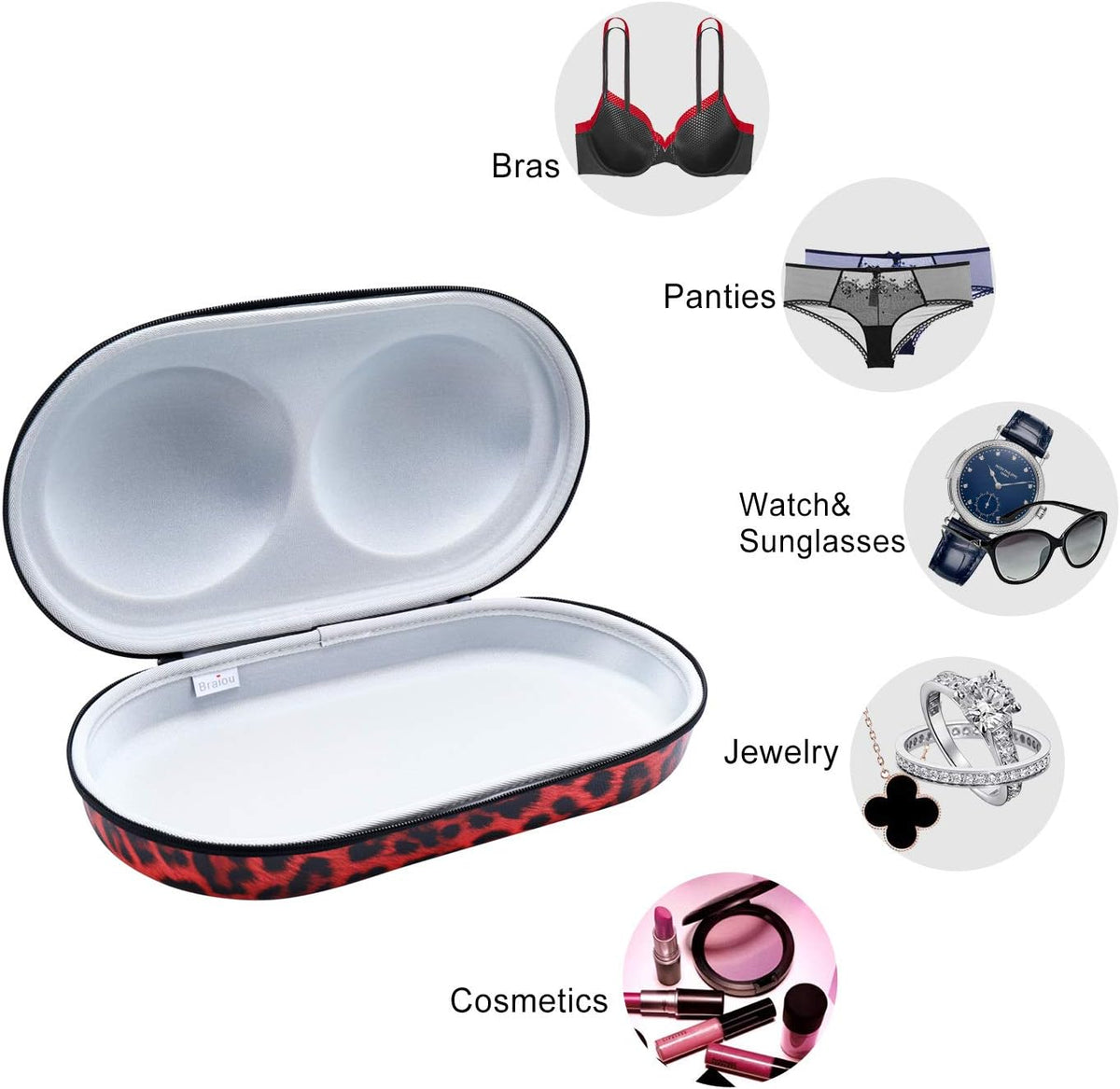 Premium Bra Case Lingerie Travel Bag Zip Underwear Organizer Bag for A-DD Cup [Leopard Print] (Red)