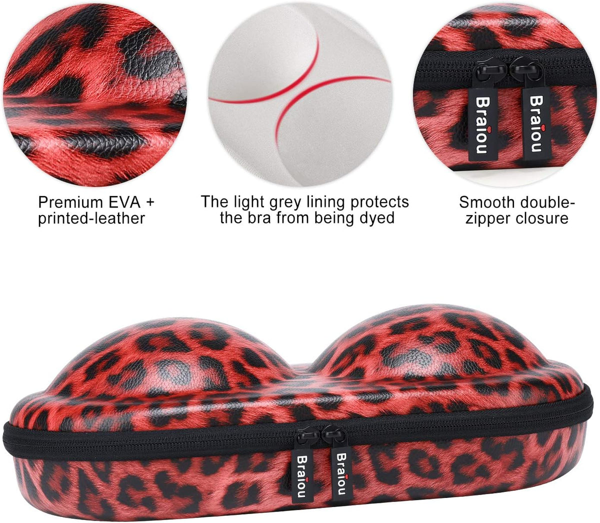 Premium Bra Case Lingerie Travel Bag Zip Underwear Organizer Bag for A-DD Cup [Leopard Print] (Red)