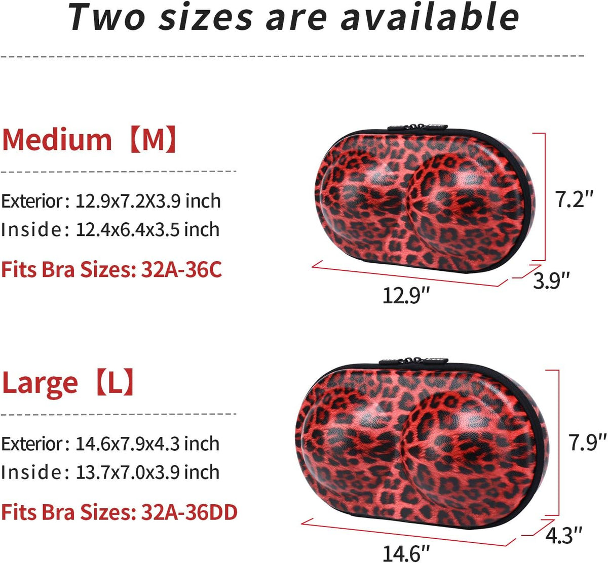 Premium Bra Case Lingerie Travel Bag Zip Underwear Organizer Bag for A-DD Cup [Leopard Print] (Red)