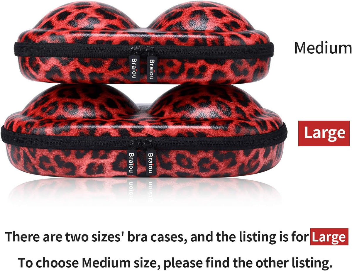 Premium Bra Case Lingerie Travel Bag Zip Underwear Organizer Bag for A-DD Cup [Leopard Print] (Red)