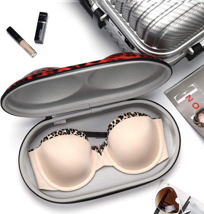 Premium Bra Case Lingerie Travel Bag Zip Underwear Organizer Bag for A-DD Cup [Leopard Print] (Red)