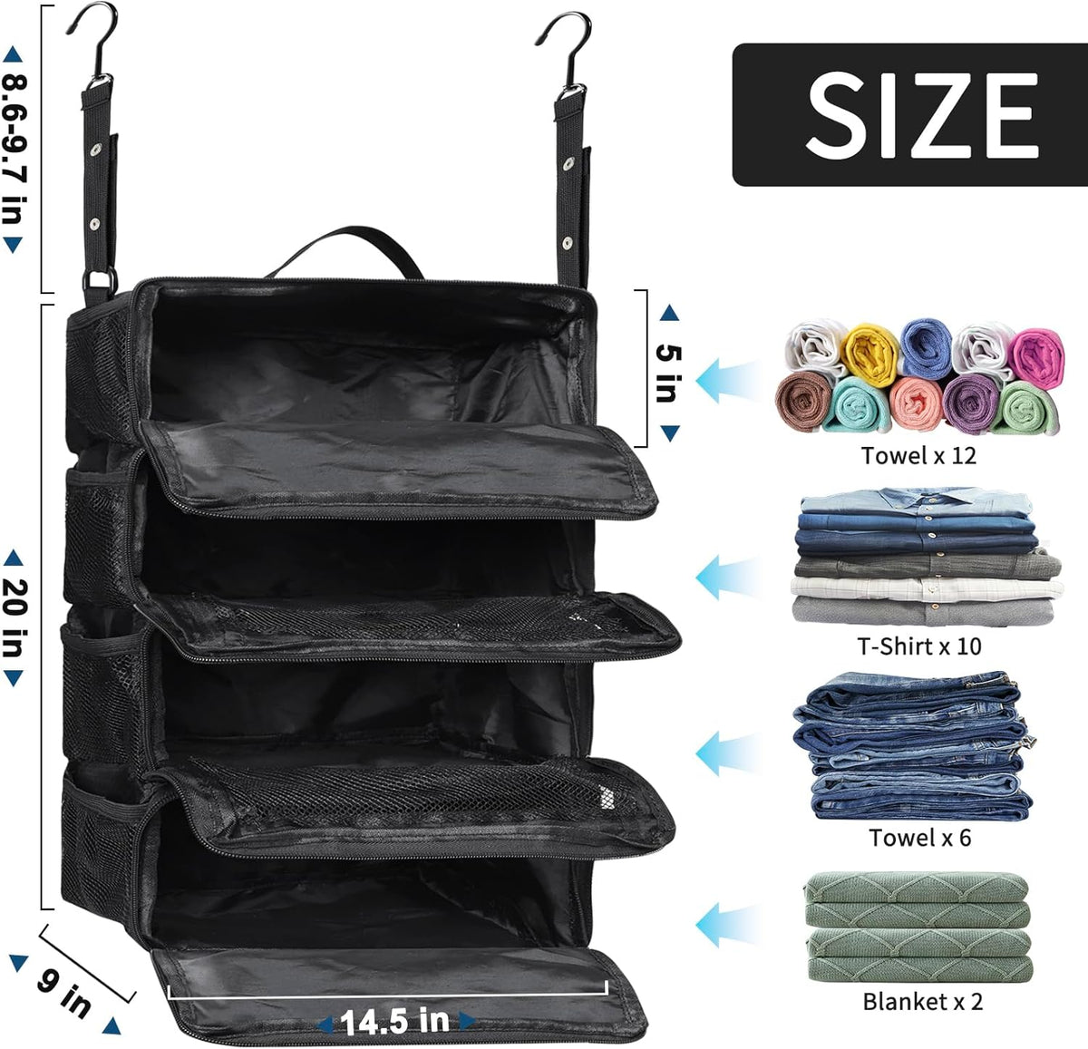 Suitcase Organizer, Travel Luggage Organizer hanging packing cubes for travel，portable hanging travel shelves Collapsible closet organizer for Carry-on (Black, Medium)
