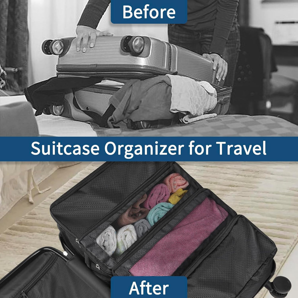 Suitcase Organizer, Travel Luggage Organizer hanging packing cubes for travel，portable hanging travel shelves Collapsible closet organizer for Carry-on (Black, Medium)
