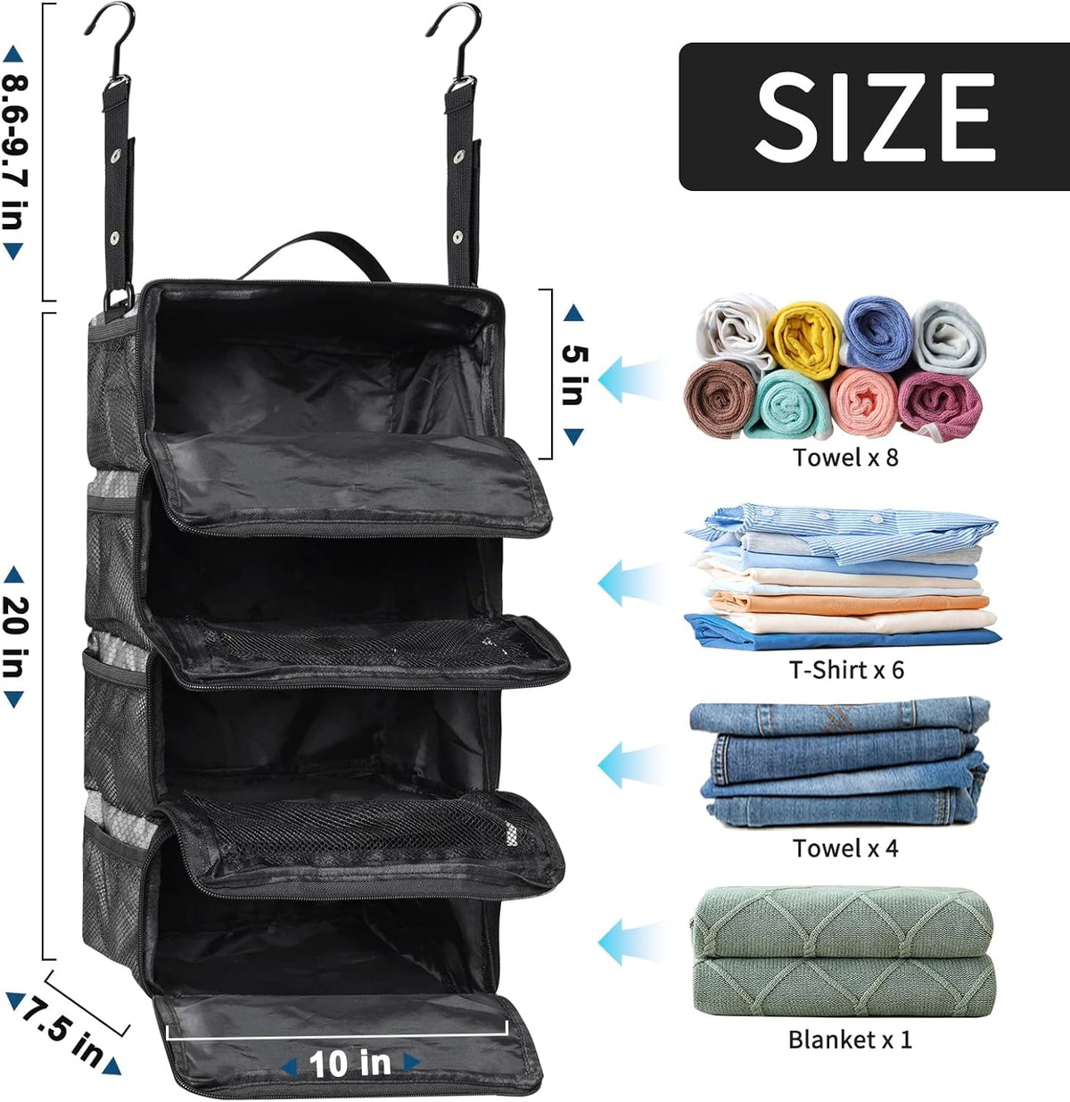 Suitcase Organizer, Travel Luggage Organizer hanging packing cubes for travel，portable hanging travel shelves Collapsible closet organizer for Carry-on (Black, Medium)