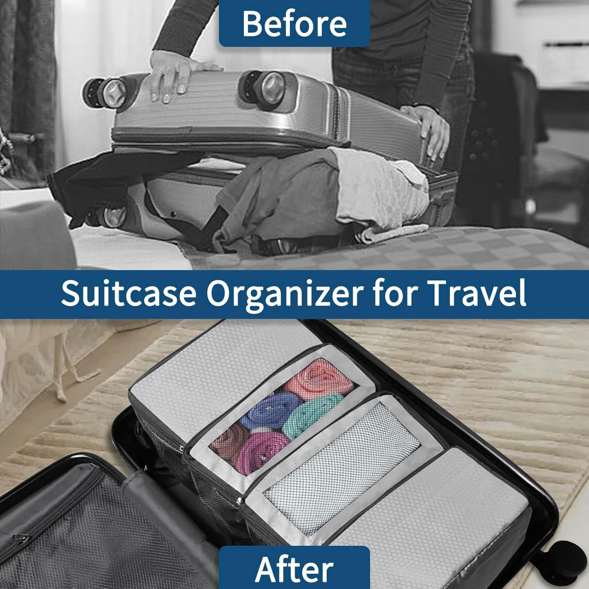Suitcase Organizer, Travel Luggage Organizer hanging packing cubes for travel，portable hanging travel shelves Collapsible closet organizer for Carry-on (Black, Medium)