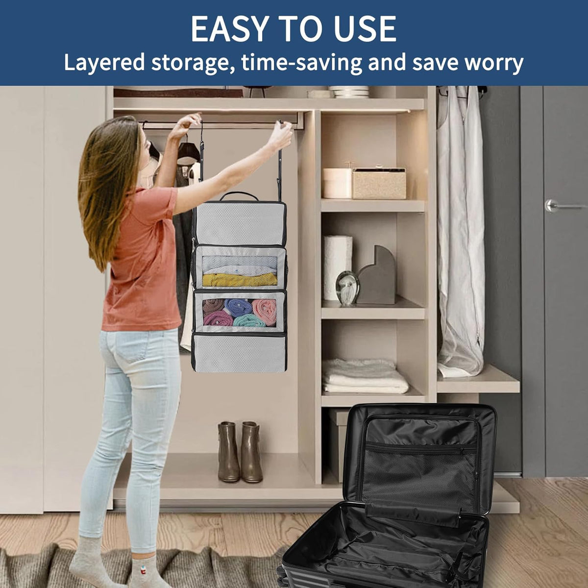 Suitcase Organizer, Travel Luggage Organizer hanging packing cubes for travel，portable hanging travel shelves Collapsible closet organizer for Carry-on (Black, Medium)
