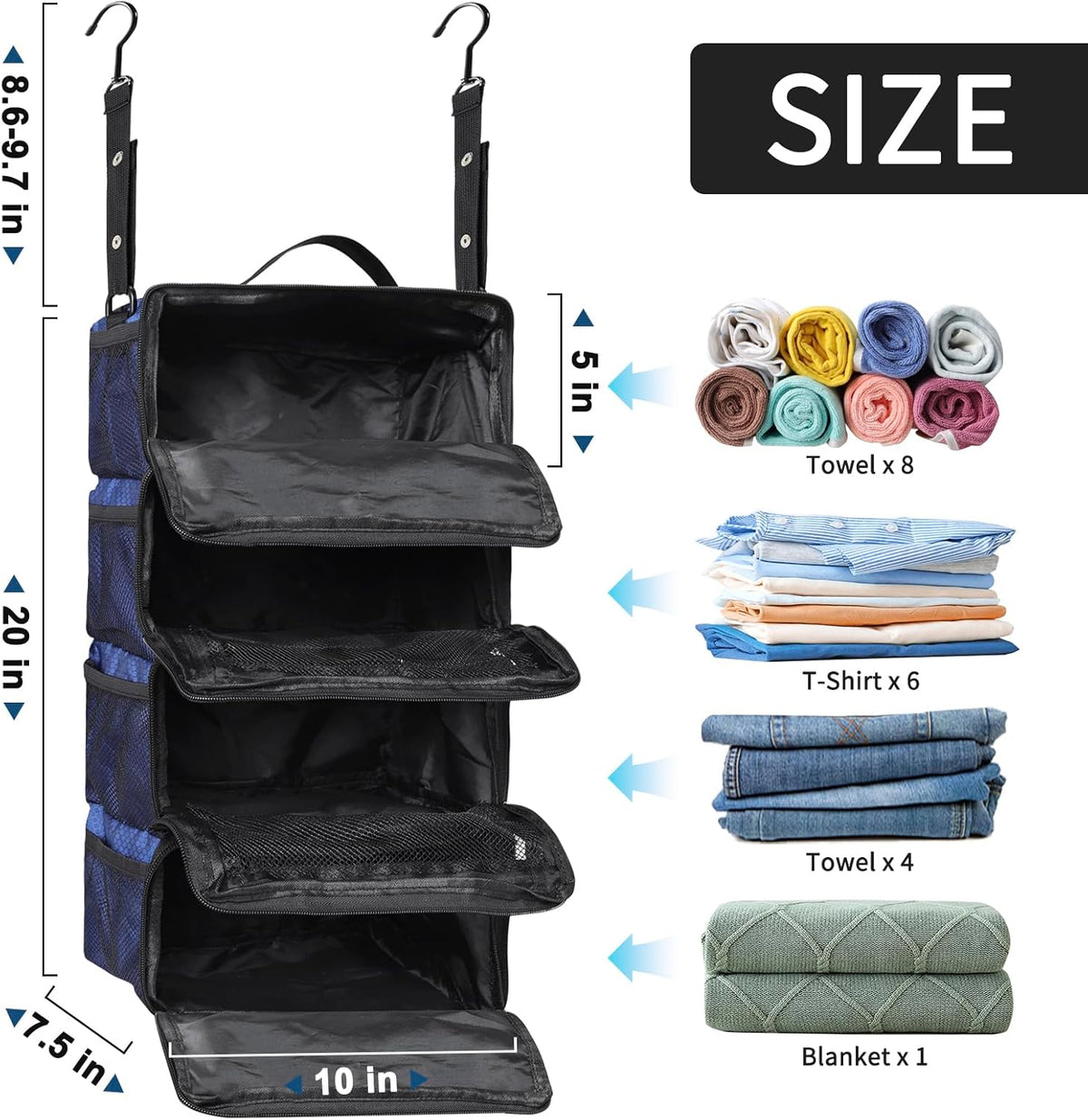Suitcase Organizer, Travel Luggage Organizer hanging packing cubes for travel，portable hanging travel shelves Collapsible closet organizer for Carry-on (Black, Medium)