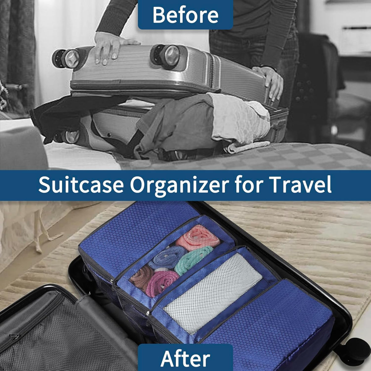 Suitcase Organizer, Travel Luggage Organizer hanging packing cubes for travel，portable hanging travel shelves Collapsible closet organizer for Carry-on (Black, Medium)