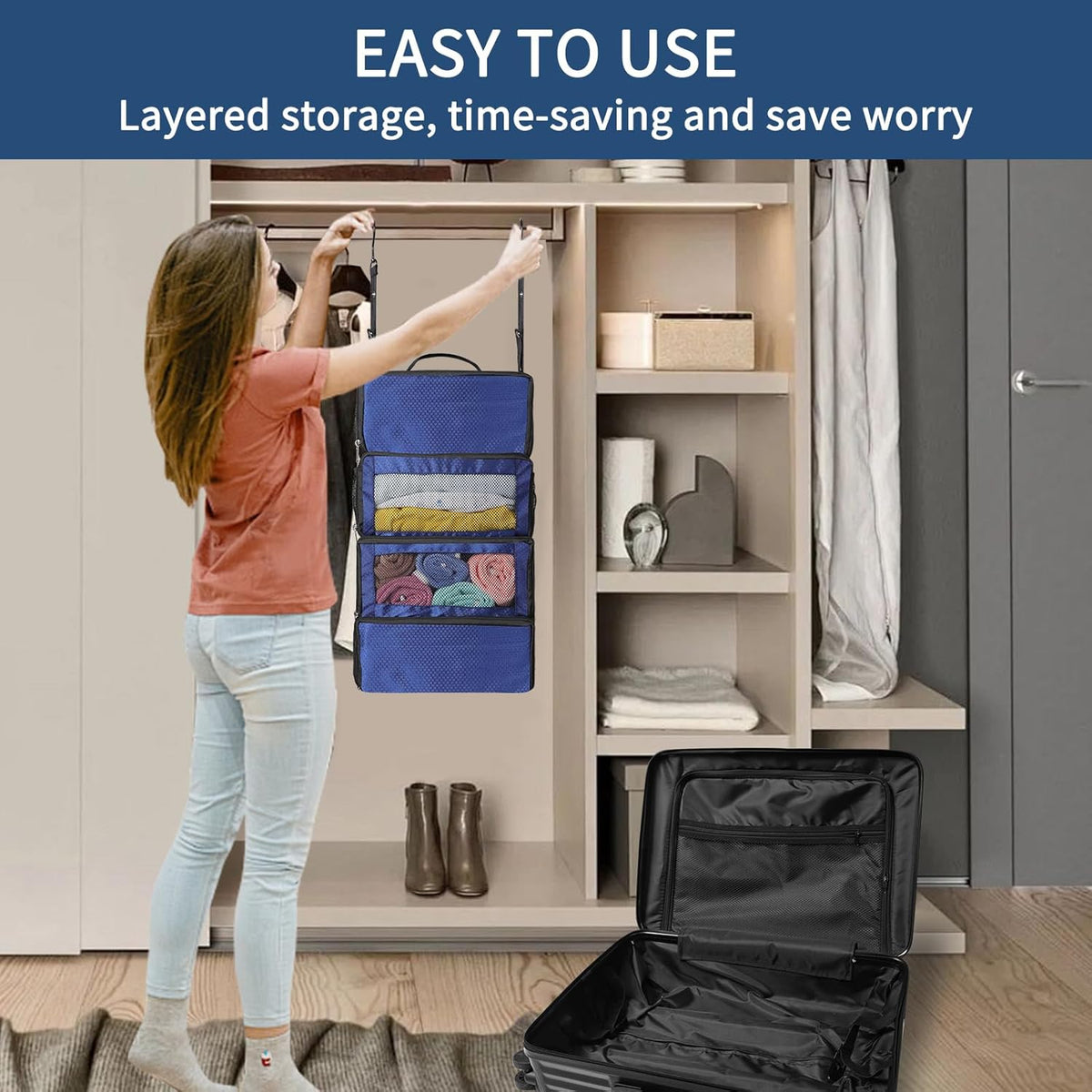 Suitcase Organizer, Travel Luggage Organizer hanging packing cubes for travel，portable hanging travel shelves Collapsible closet organizer for Carry-on (Black, Medium)