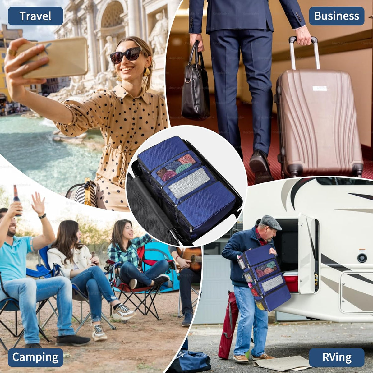 Suitcase Organizer, Travel Luggage Organizer hanging packing cubes for travel，portable hanging travel shelves Collapsible closet organizer for Carry-on (Black, Medium)