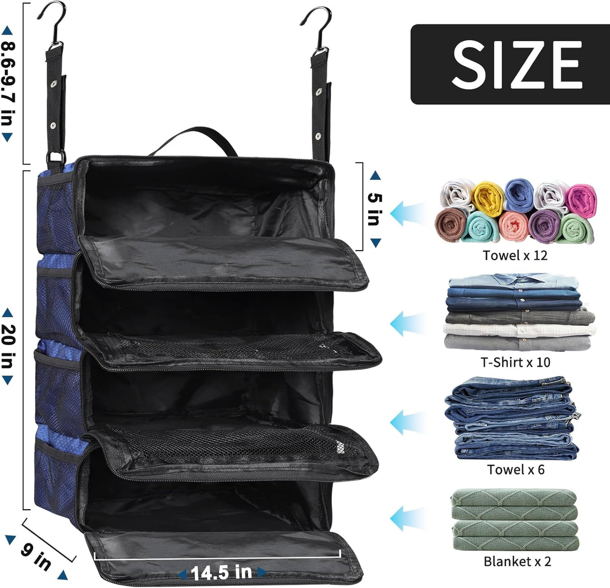 Suitcase Organizer, Travel Luggage Organizer hanging packing cubes for travel，portable hanging travel shelves Collapsible closet organizer for Carry-on (Black, Medium)