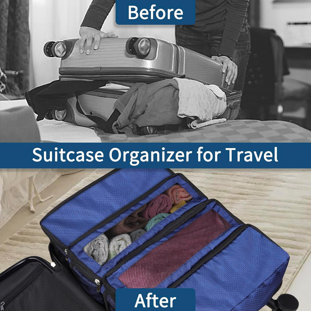 Suitcase Organizer, Travel Luggage Organizer hanging packing cubes for travel，portable hanging travel shelves Collapsible closet organizer for Carry-on (Black, Medium)