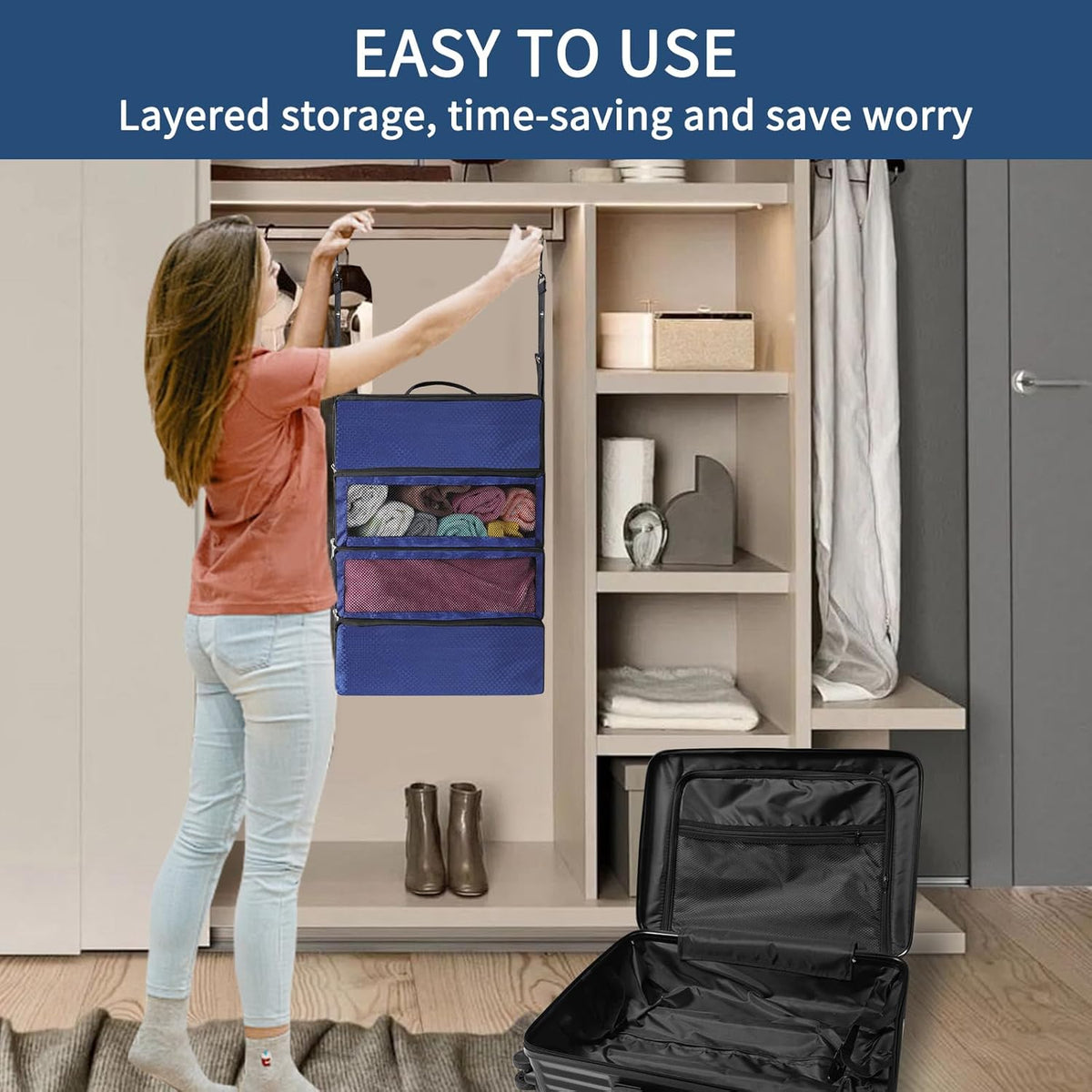 Suitcase Organizer, Travel Luggage Organizer hanging packing cubes for travel，portable hanging travel shelves Collapsible closet organizer for Carry-on (Black, Medium)