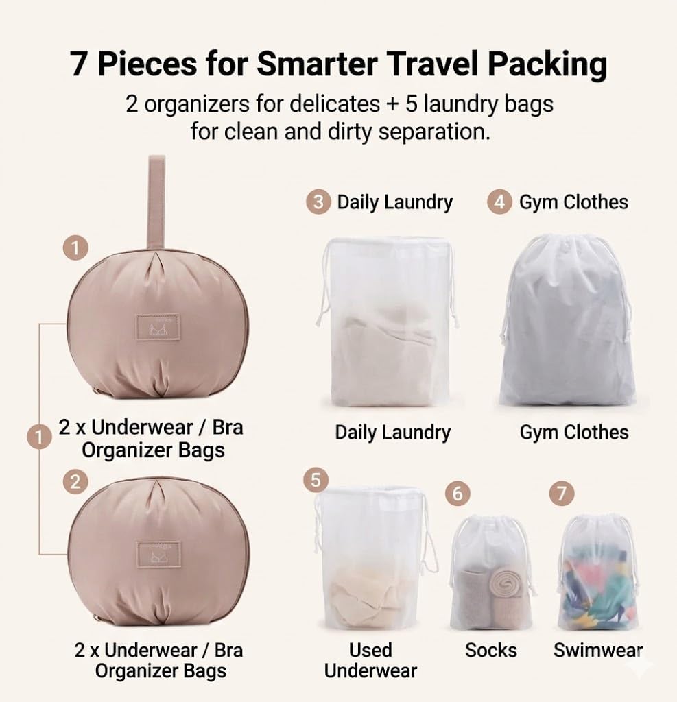 7 Pcs Travel Packing Cubes Suitcase Organizer Bags Set - 2 Underwear Organizers & 5 Wash Laundry Bags for Luggage Travel Essentials