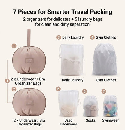 7 Pcs Travel Packing Cubes Suitcase Organizer Bags Set - 2 Underwear Organizers & 5 Wash Laundry Bags for Luggage Travel Essentials