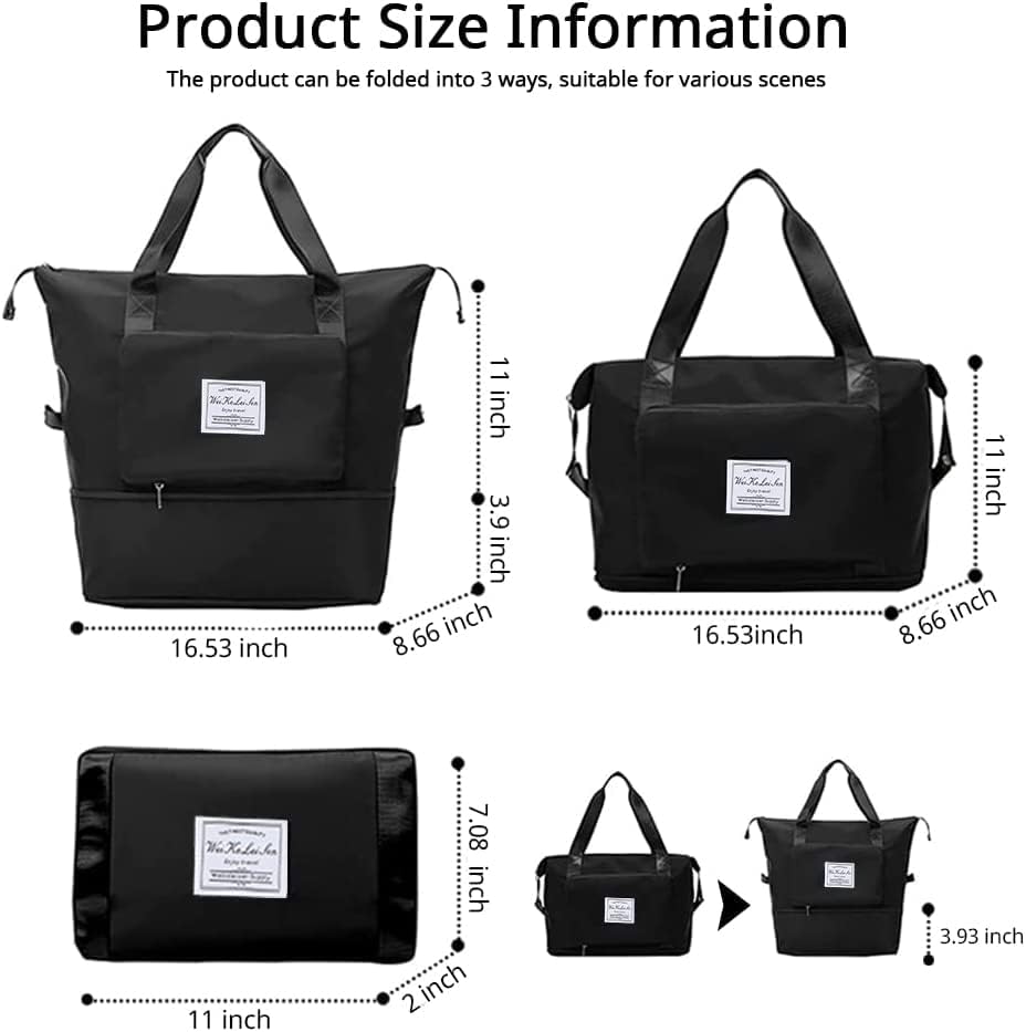 Large Capacity Foldable Travel Bag, Sports Shoulder Bag, Duffel Bag, Wet and Dry Separation, Waterproof Oxford Fabric, Black, Large