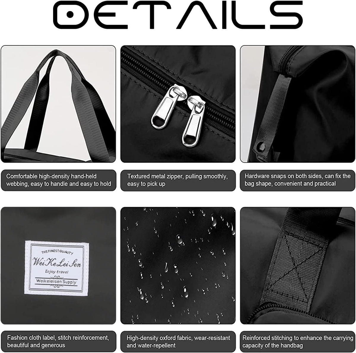 Large Capacity Foldable Travel Bag, Sports Shoulder Bag, Duffel Bag, Wet and Dry Separation, Waterproof Oxford Fabric, Black, Large