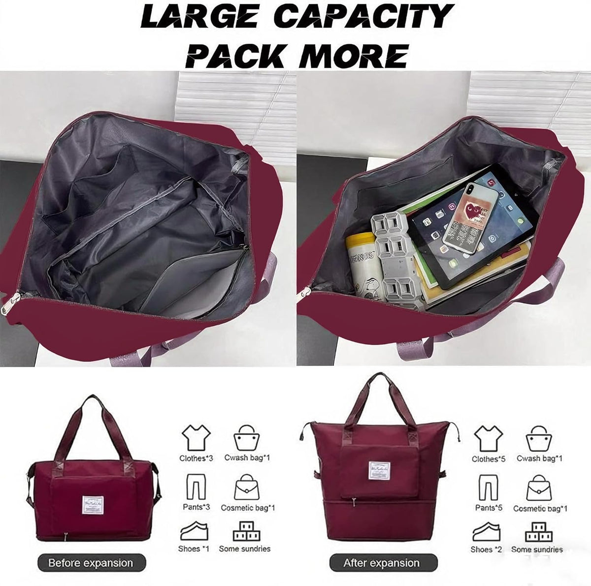 Large Capacity Foldable Travel Bag, Sports Shoulder Bag, Duffel Bag, Wet and Dry Separation, Waterproof Oxford Fabric, Black, Large
