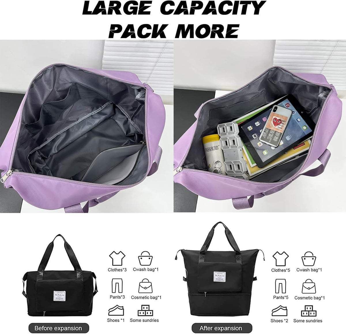 Large Capacity Foldable Travel Bag, Sports Shoulder Bag, Duffel Bag, Wet and Dry Separation, Waterproof Oxford Fabric, Black, Large