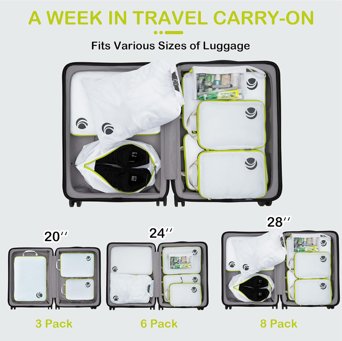 Compression Packing Cubes, Ultralight Luggage Organizer Bags, Travel Essentials for Carry on Suitcase (White)