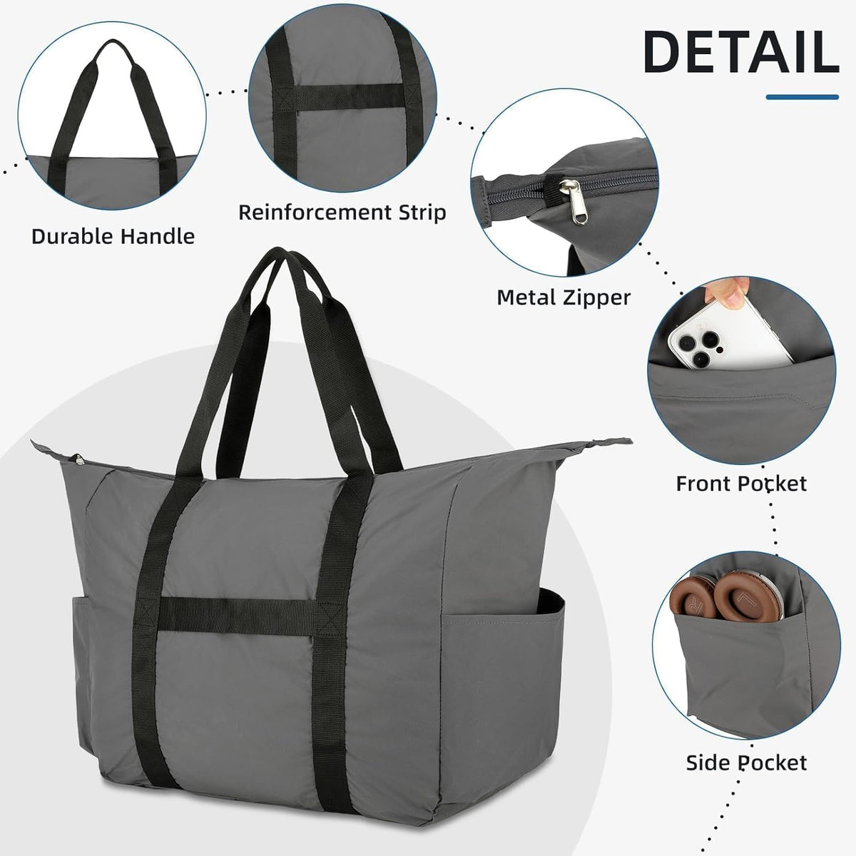 Uarition 50L Foldable Duffle Bag, Lightweight Travel Bag with Tear Resistant for Men Women, gray