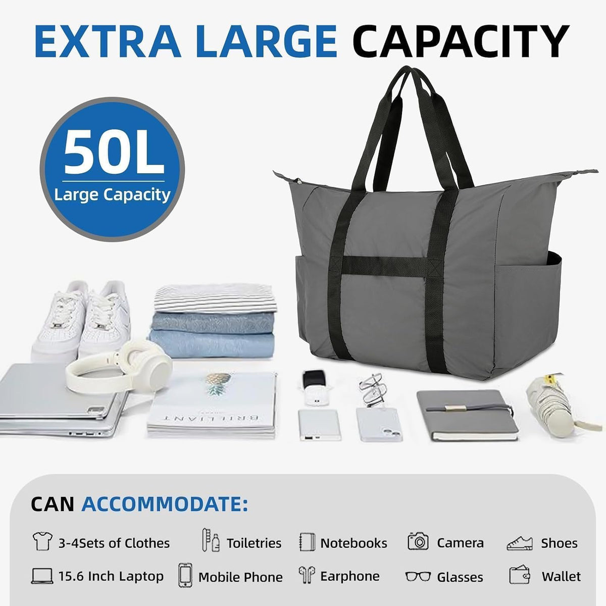 Uarition 50L Foldable Duffle Bag, Lightweight Travel Bag with Tear Resistant for Men Women, gray