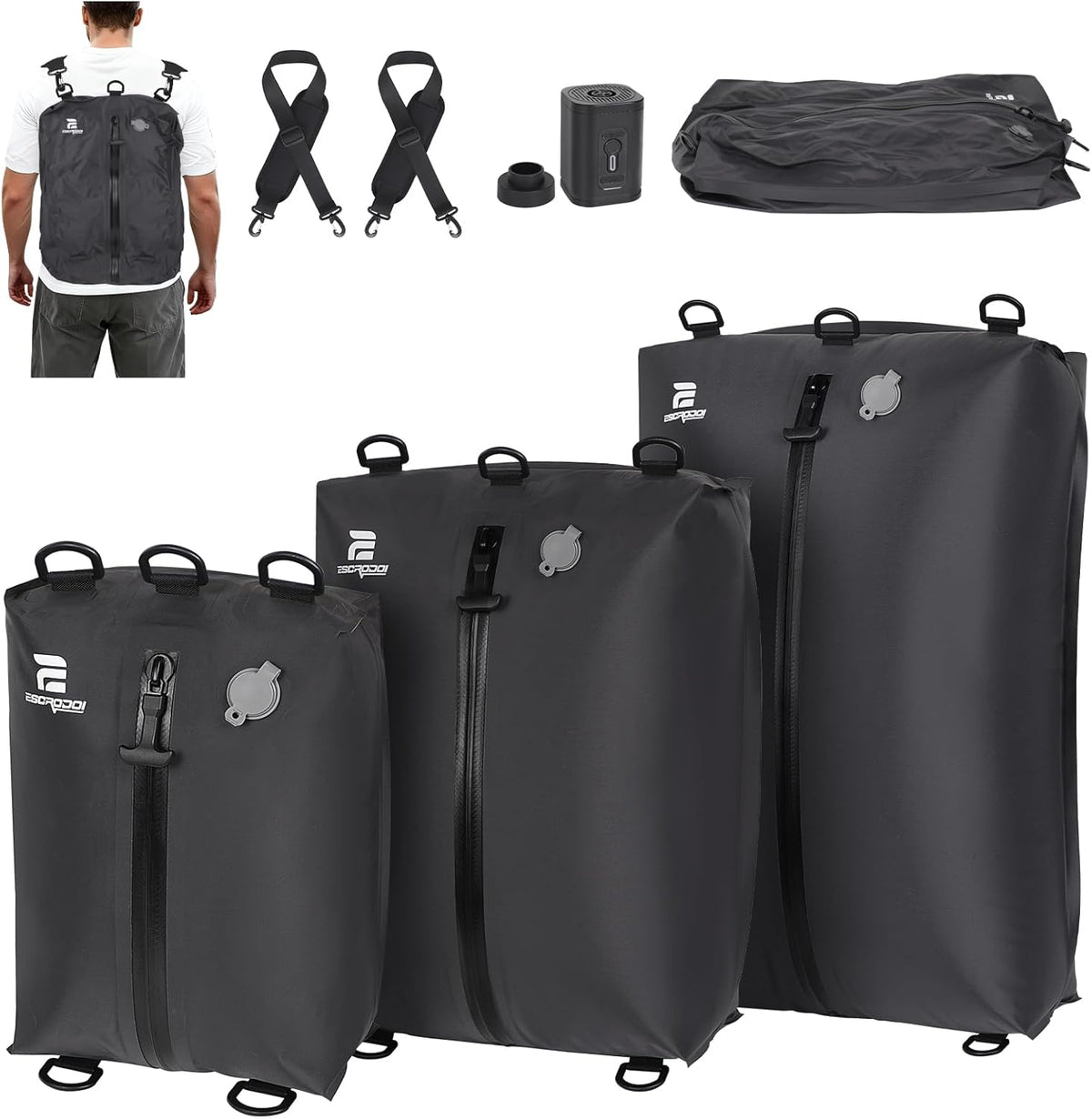 3 Pack Vacuum Bags for Travel with Pump, 3-Size Set Reusable Vacuum Compression Bags for Luggage, Space Saver IP67 Waterproof Vacuum Packing Cubes for Suitcase&Backpack, Black