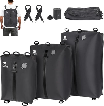 3 Pack Vacuum Bags for Travel with Pump, 3-Size Set Reusable Vacuum Compression Bags for Luggage, Space Saver IP67 Waterproof Vacuum Packing Cubes for Suitcase&Backpack, Black