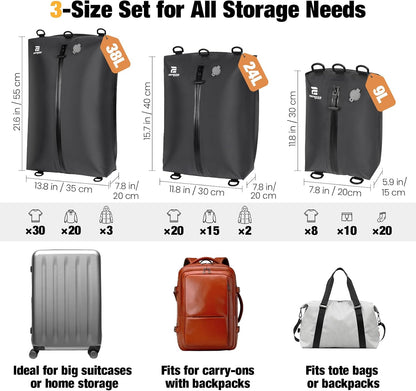 3 Pack Vacuum Bags for Travel with Pump, 3-Size Set Reusable Vacuum Compression Bags for Luggage, Space Saver IP67 Waterproof Vacuum Packing Cubes for Suitcase&Backpack, Black