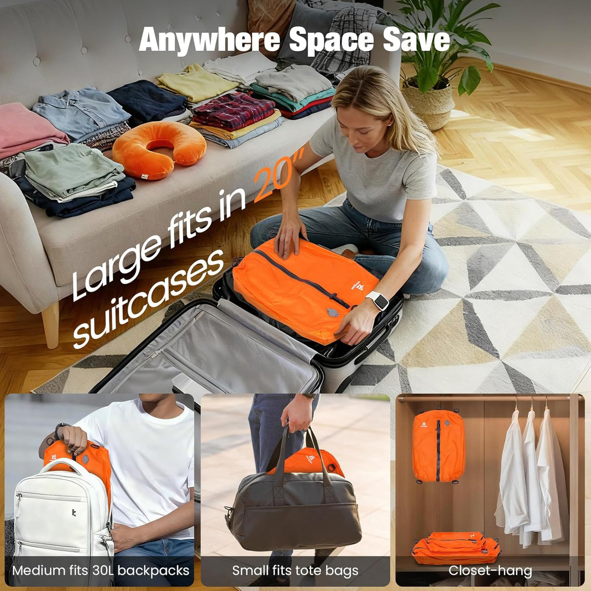 3 Pack Vacuum Bags for Travel with Pump, 3-Size Set Reusable Vacuum Compression Bags for Luggage, Space Saver IP67 Waterproof Vacuum Packing Cubes for Suitcase&Backpack, Black