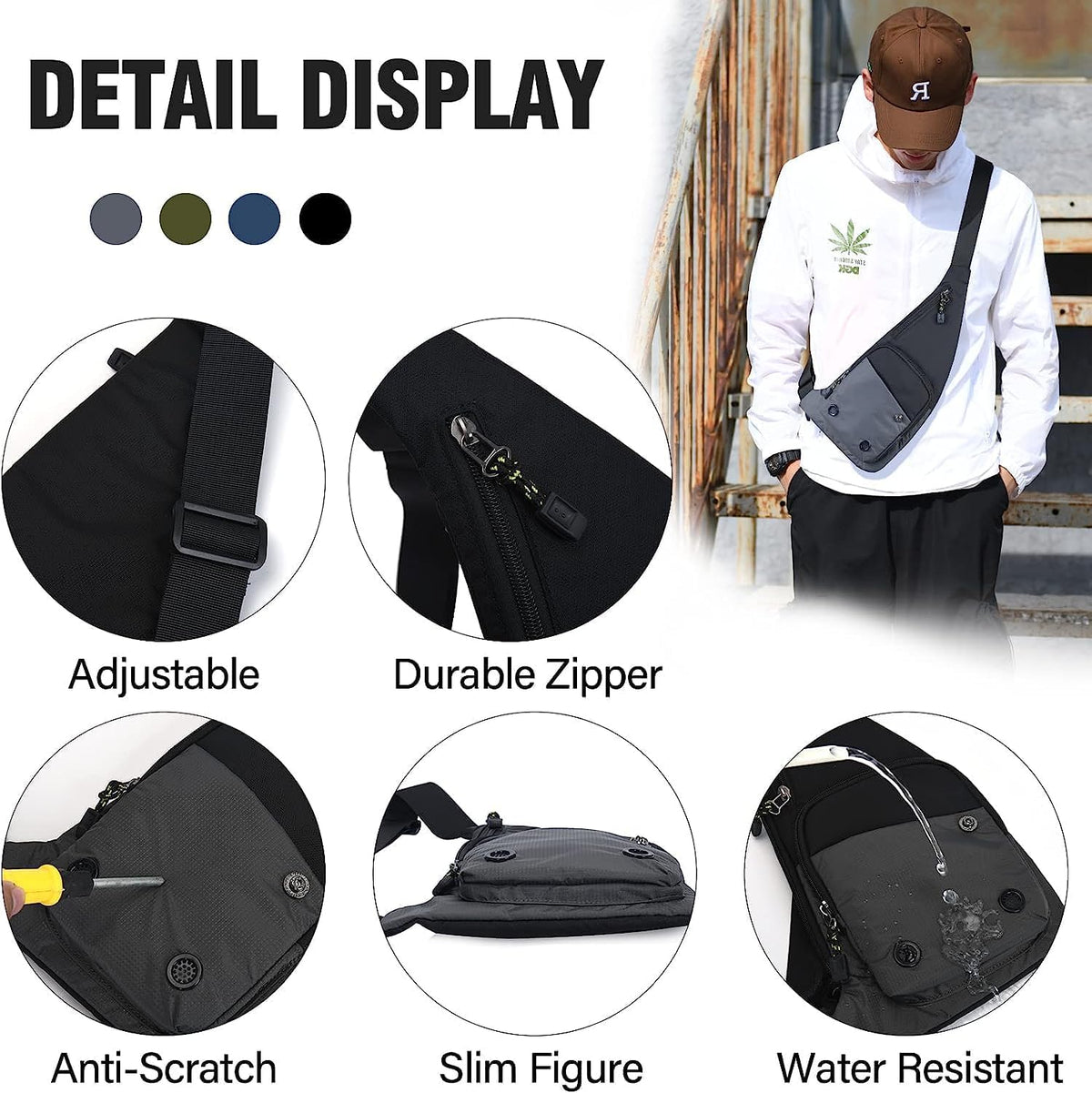 Water-resist Sling Bag Crossbody Bag for Men Slim Chest Backpack Man Purse Small Shoulder Bag for Travel Hiking