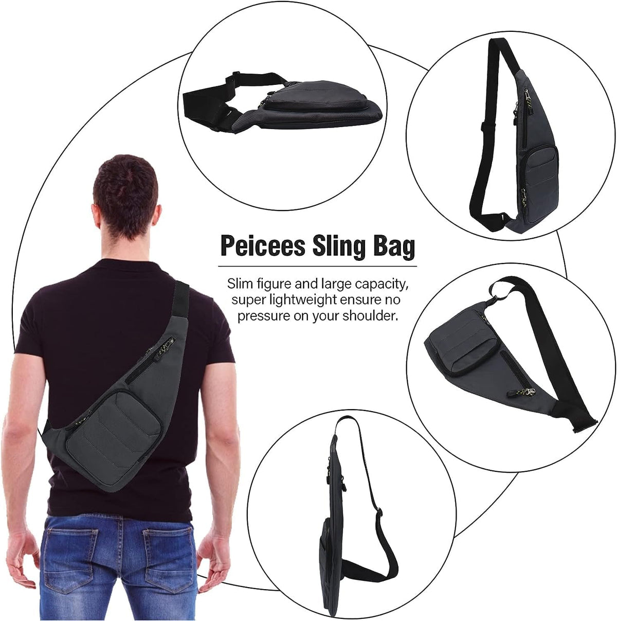 Water-resist Sling Bag Crossbody Bag for Men Slim Chest Backpack Man Purse Small Shoulder Bag for Travel Hiking