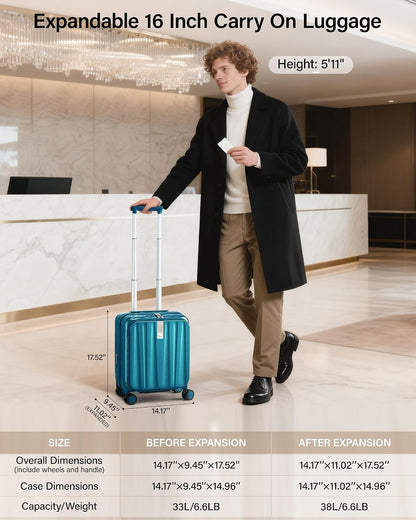16 Inch Expandable Under Seat Luggage with Wheels Top Opening Small Suitcase with Wheels Carry On Luggage Airline Approved Lightweight Hard Shell Suitcases for Weekender Overnight-Caribbean Blue