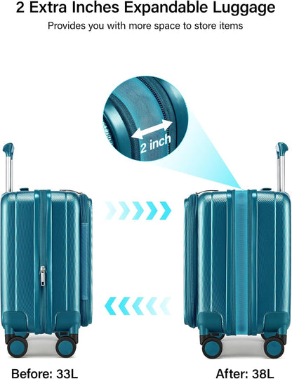 16 Inch Expandable Under Seat Luggage with Wheels Top Opening Small Suitcase with Wheels Carry On Luggage Airline Approved Lightweight Hard Shell Suitcases for Weekender Overnight-Caribbean Blue
