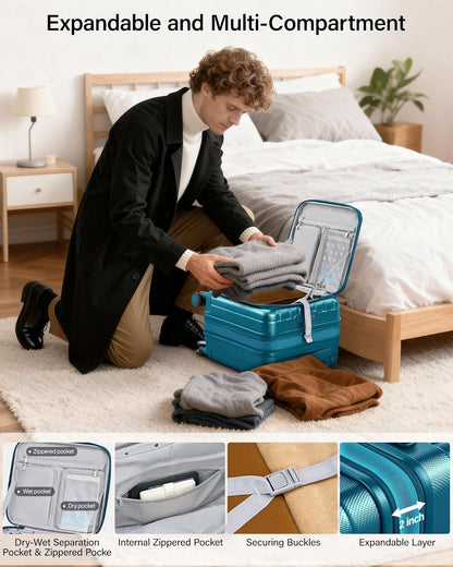 16 Inch Expandable Under Seat Luggage with Wheels Top Opening Small Suitcase with Wheels Carry On Luggage Airline Approved Lightweight Hard Shell Suitcases for Weekender Overnight-Caribbean Blue