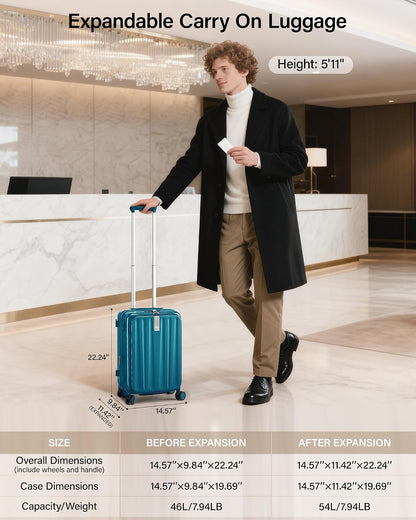 16 Inch Expandable Under Seat Luggage with Wheels Top Opening Small Suitcase with Wheels Carry On Luggage Airline Approved Lightweight Hard Shell Suitcases for Weekender Overnight-Caribbean Blue