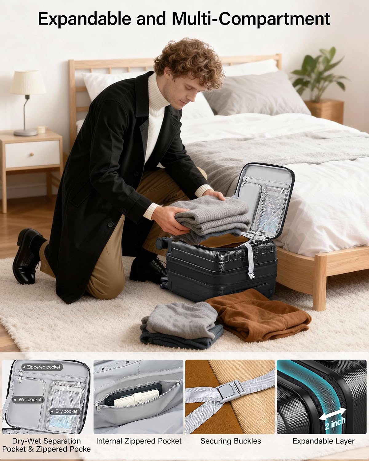 16 Inch Expandable Under Seat Luggage with Wheels Top Opening Small Suitcase with Wheels Carry On Luggage Airline Approved Lightweight Hard Shell Suitcases for Weekender Overnight-Caribbean Blue